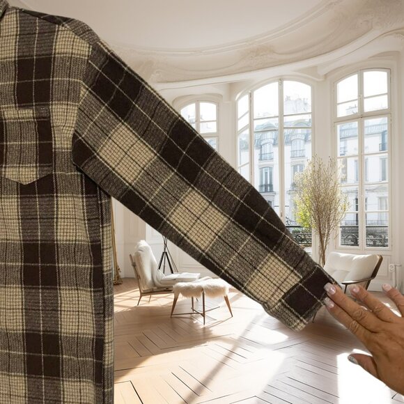 Shein Plaid Long Shirt Jacket XS | Brown Cream Check | Shacket Vibes NWOT - Picture 4 of 10